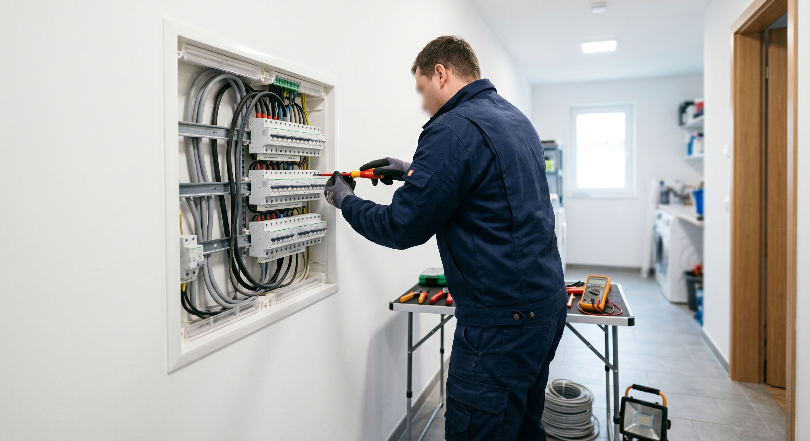 Elektriker arbeitet an modernem Sicherungskasten