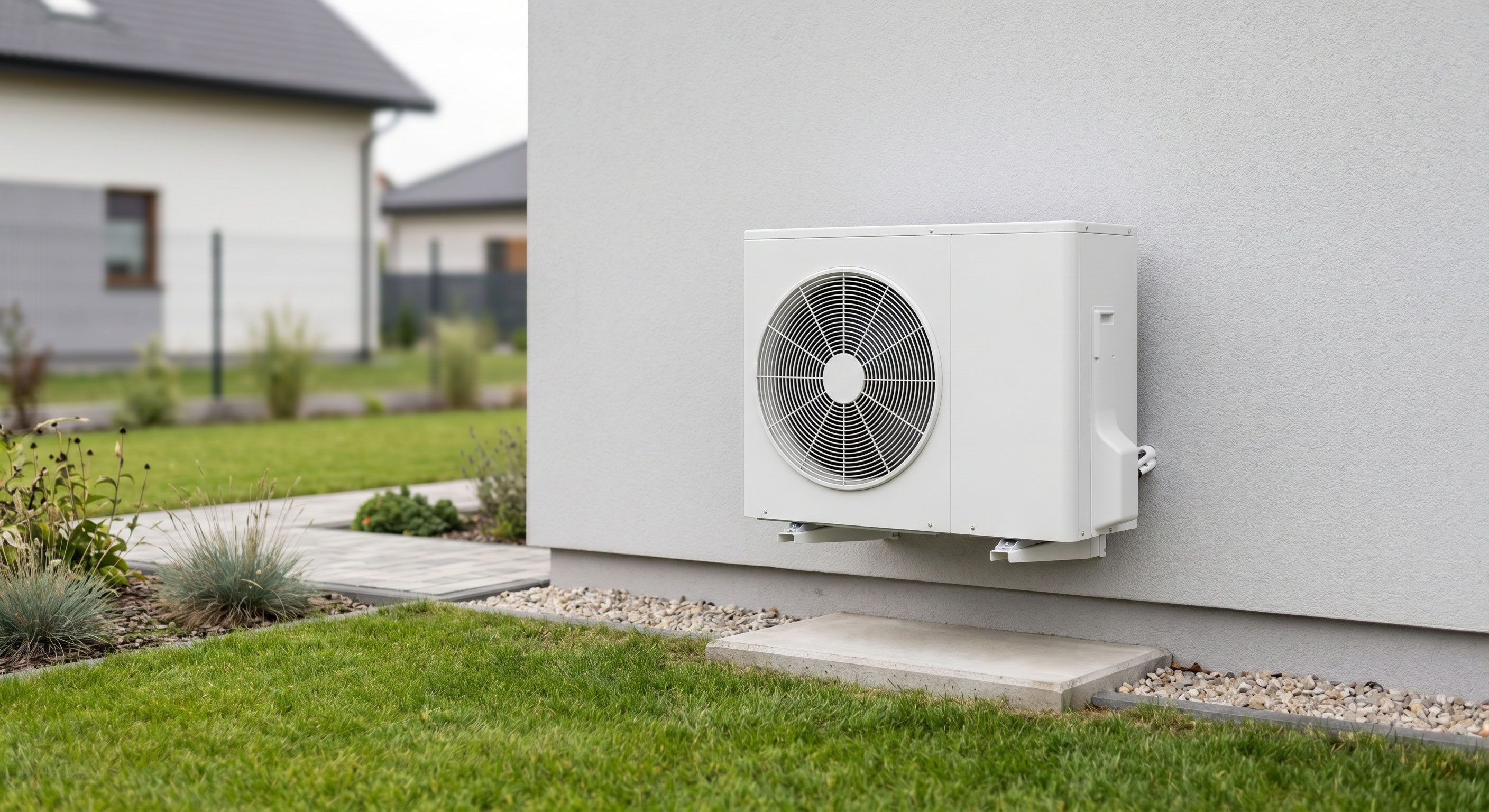 Moderne Wärmepumpe an Hauswand